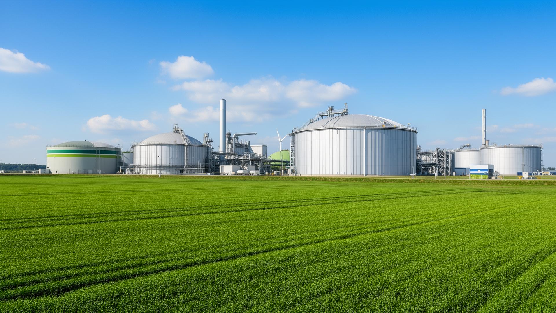 Biogas infrastructure surrounded by agricultural land